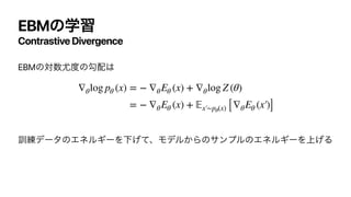 EBMͷֶश
Contrastive Divergence
EBMͷର਺໬౓ͷޯ഑͸




‫܇‬࿅σʔλͷΤωϧΪʔΛԼ͛ͯɺϞσϧ͔ΒͷαϯϓϧͷΤωϧΪʔΛ্͛Δ
∇θlog pθ (x) = − ∇θEθ (x) + ∇θlog Z (θ)
= − ∇θEθ (x) +
𝔼
x′
￼
∼pθ(x) [∇θEθ (x′
￼
)]
 