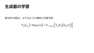 ੜ੒‫ث‬ͷֶश
ୈ1߲ͷޯ഑͸ɺҎԼͷΑ͏ʹ؆୯ʹ‫ࢉܭ‬Մೳ


∇ϕ
𝔼
pϕ [−log pθ (x)] =
𝔼
z∼p(z) [∇ϕEθ (Gϕ (z))]
 