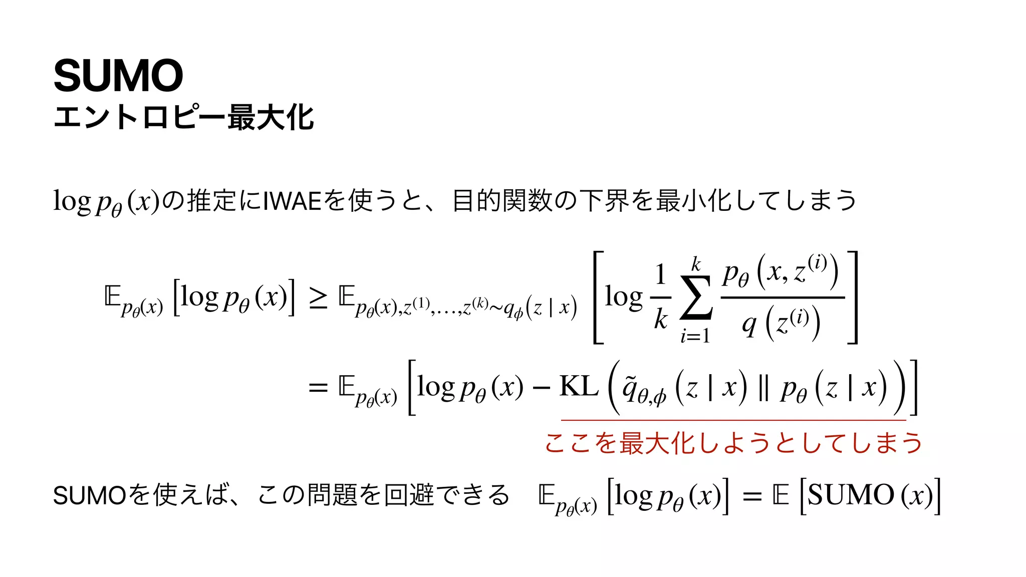 SUMO
Τϯτϩϐʔ࠷େԽ
ͷਪఆʹIWAEΛ࢖͏ͱɺ໨తؔ਺ͷԼքΛ࠷খԽͯ͠͠·͏




SUMOΛ࢖͑͹ɺ͜ͷ໰୊ΛճආͰ͖Δɹ
log pθ (x)
𝔼
pθ(x) [log pθ (x)] ≥
𝔼
pθ(x),z(1),…,z(k)∼qϕ(z ∣ x)
[
log
1
k
k
∑
i=1
pθ (x, z(i)
)
q (z(i)
) ]
=
𝔼
pθ(x) [log pθ (x) − KL (q̃θ,ϕ (z ∣ x) ∥ pθ (z ∣ x))]
𝔼
pθ(x) [log pθ (x)] =
𝔼
[SUMO (x)]
͜͜Λ࠷େԽ͠Α͏ͱͯ͠͠·͏
 