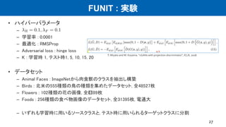 FUNIT : 実験
• ハイパーパラメータ
–
– 学習率 : 0.0001
– 最適化 : RMSProp
– Adversarial loss : hinge loss
– K : 学習時 1, テスト時1, 5, 10, 15, 20
• データセット
– Animal Faces : ImageNetから肉食獣のクラスを抽出し構築
– Birds : 北米の555種類の鳥の種類を集めたデータセット, 全48527枚
– Flowers : 102種類の花の画像, 全﻿8189枚
– Foods : 256種類の食べ物画像のデータセット, 全31395枚, 電通大
– いずれも学習時に用いるソースクラスと, テスト時に用いられるターゲットクラスに分割
27
﻿T. Miyato and M. Koyama. “cGANs with projection discriminator”, ICLR, 2018.
 