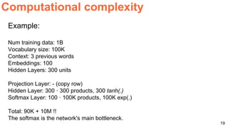 19
Computational complexity
Example:
Num training data: 1B
Vocabulary size: 100K
Context: 3 previous words
Embeddings: 100
Hidden Layers: 300 units
Projection Layer: - (copy row)
Hidden Layer: 300 · 300 products, 300 tanh(.)
Softmax Layer: 100 · 100K products, 100K exp(.)
Total: 90K + 10M !!
The softmax is the network's main bottleneck.
 