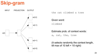 Skip-gram
the cat climbed a tree
Given word:
climbed
Estimate prob. of context words:
a, cat, the, tree
(It selects randomly the context length,
till max of 10 left + 10 right)
24
 