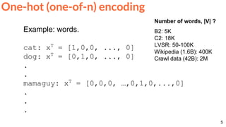 5
One-hot (one-of-n) encoding
Example: words.
cat: xT
= [1,0,0, ..., 0]
dog: xT
= [0,1,0, ..., 0]
.
.
mamaguy: xT
= [0,0,0, …,0,1,0,...,0]
.
.
.
Number of words, |V| ?
B2: 5K
C2: 18K
LVSR: 50-100K
Wikipedia (1.6B): 400K
Crawl data (42B): 2M
 