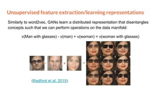 Unsupervised feature extraction/learning representations
Similarly to word2vec, GANs learn a distributed representation that disentangles
concepts such that we can perform operations on the data manifold:
v(Man with glasses) - v(man) + v(woman) = v(woman with glasses)
(Radford et al. 2015)
 