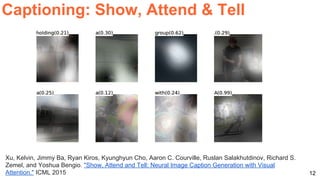 12
Captioning: Show, Attend & Tell
Xu, Kelvin, Jimmy Ba, Ryan Kiros, Kyunghyun Cho, Aaron C. Courville, Ruslan Salakhutdinov, Richard S.
Zemel, and Yoshua Bengio. "Show, Attend and Tell: Neural Image Caption Generation with Visual
Attention." ICML 2015
 