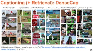 17
Captioning (+ Retrieval): DenseCap
Johnson, Justin, Andrej Karpathy, and Li Fei-Fei. "Densecap: Fully convolutional localization networks for
dense captioning." CVPR 2016
 