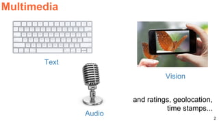 2
Multimedia
Text
Audio
Vision
and ratings, geolocation,
time stamps...
 
