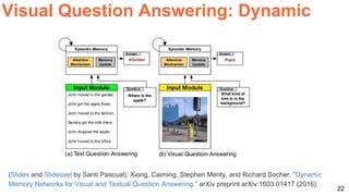 22
Visual Question Answering: Dynamic
(Slides and Slidecast by Santi Pascual): Xiong, Caiming, Stephen Merity, and Richard Socher. "Dynamic
Memory Networks for Visual and Textual Question Answering." arXiv preprint arXiv:1603.01417 (2016).
 