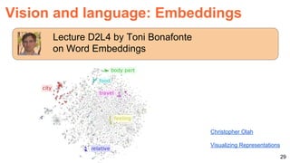29
Vision and language: Embeddings
Lecture D2L4 by Toni Bonafonte
on Word Embeddings
Christopher Olah
Visualizing Representations
 