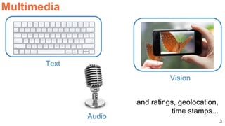 3
Multimedia
Text
Audio
Vision
and ratings, geolocation,
time stamps...
 