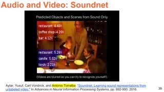 39
Aytar, Yusuf, Carl Vondrick, and Antonio Torralba. "Soundnet: Learning sound representations from
unlabeled video." In Advances in Neural Information Processing Systems, pp. 892-900. 2016.
Audio and Video: Soundnet
 