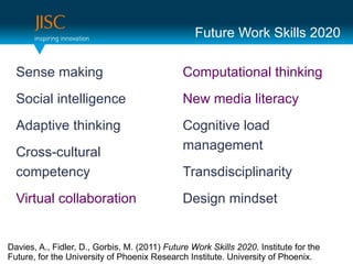 Future Work Skills 2020

  Sense making                                 Computational thinking
  Social intelligence                          New media literacy
  Adaptive thinking                            Cognitive load
                                               management
  Cross-cultural
  competency                                   Transdisciplinarity
  Virtual collaboration                        Design mindset


Davies, A., Fidler, D., Gorbis, M. (2011) Future Work Skills 2020. Institute for the
Future, for the University of Phoenix Research Institute. University of Phoenix.
 