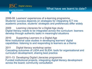 Digital Literacy
                                     What have we learnt to date?


2006-08 Learners' experiences of e-learning programme
Students' success depends on strategies for integrating ICT into
academic practice; students' strategies and preferences differ widely
2009        Learning Literacies for a Digital Age study
Digital literacy needs to be integrated across the curriculum: learners
develop through authentic tasks in meaningful situations
2010       Supporting Learners in a Digital Age
Nine institutional case studies in developing learners' digital
capabilities: listening to and responding to learners as a theme
2011     Digital literacy workshop series
Cascading outcomes of LliDA and SLIDA: tools for organisational and
curriculum development; sharing best practice
2011-13 Developing Digital Literacies programme
Funded institutional projects, integrating digital literacy development
across the board; community consultation
 
