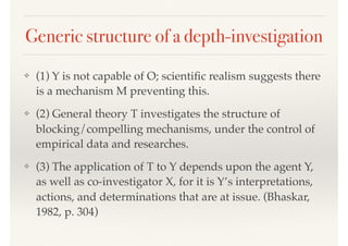 Generic structure of a depth-investigation
❖ (1) Y is not capable of O; scientiﬁc realism suggests there
is a mechanism M preventing this.
❖ (2) General theory T investigates the structure of
blocking/compelling mechanisms, under the control of
empirical data and researches.
❖ (3) The application of T to Y depends upon the agent Y,
as well as co-investigator X, for it is Y’s interpretations,
actions, and determinations that are at issue. (Bhaskar,
1982, p. 304)
 