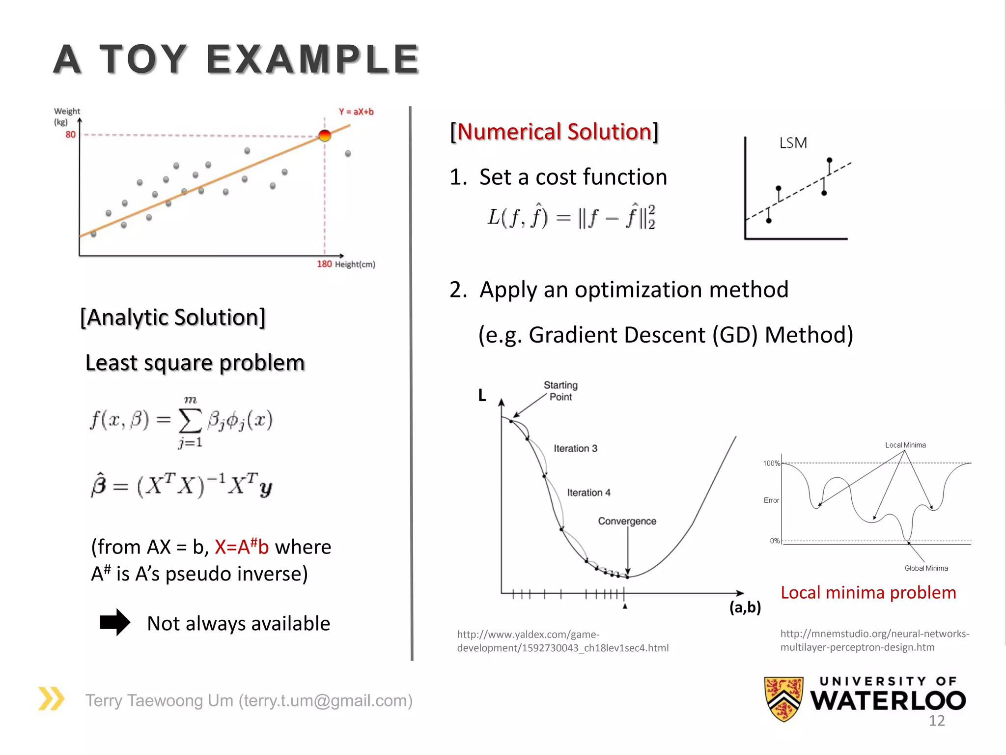 Terry Taewoong Um (terry.t.um@gmail.com)
12
[Analytic Solution]
Least square problem
(from AX = b, X=A#b where
A# is A’s pseudo inverse)
Not always available
[Numerical Solution]
1. Set a cost function
2. Apply an optimization method
(e.g. Gradient Descent (GD) Method)
L
(a,b)
http://www.yaldex.com/game-
development/1592730043_ch18lev1sec4.html
Local minima problem
http://mnemstudio.org/neural-networks-
multilayer-perceptron-design.htm
A TOY EXAMPLE
 