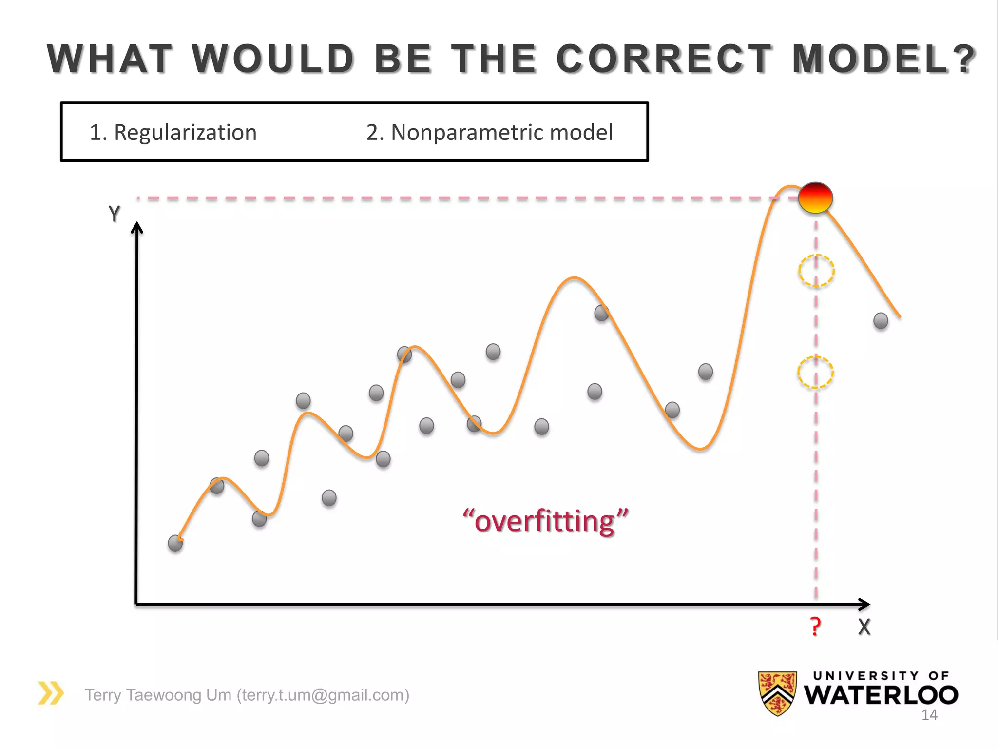 Terry Taewoong Um (terry.t.um@gmail.com)
14
? X
Y
WHAT WOULD BE THE CORRECT MODEL?
1. Regularization 2. Nonparametric model
“overfitting”
 