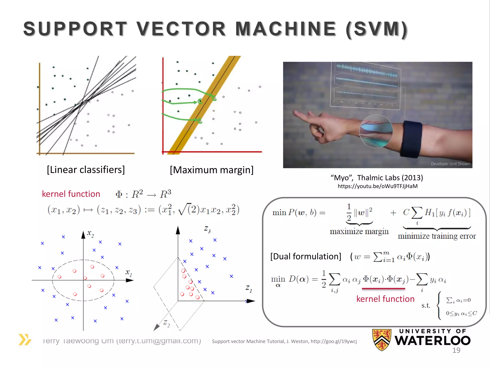 Terry Taewoong Um (terry.t.um@gmail.com)
19
SUPPORT VECTOR MACHINE (SVM)
“Myo”, Thalmic Labs (2013)
https://youtu.be/oWu9TFJjHaM
[Linear classifiers] [Maximum margin]
Support vector Machine Tutorial, J. Weston, http://goo.gl/19ywcj
[Dual formulation] ( )
kernel function
kernel function
 