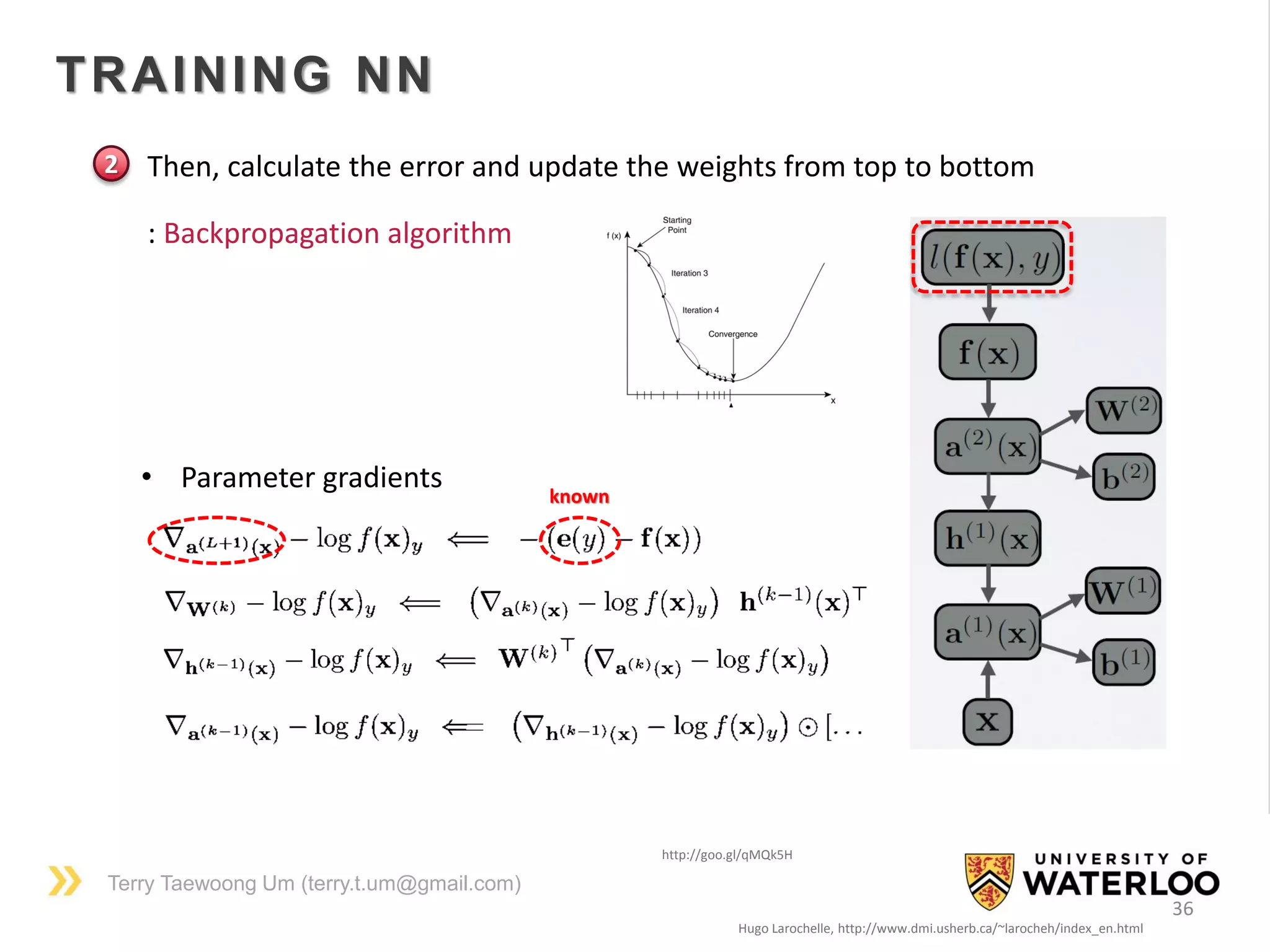 Terry Taewoong Um (terry.t.um@gmail.com)
36
TRAINING NN
Hugo Larochelle, http://www.dmi.usherb.ca/~larocheh/index_en.html
• Then, calculate the error and update the weights from top to bottom
• Parameter gradients
http://goo.gl/qMQk5H
: Backpropagation algorithm
2
known
 