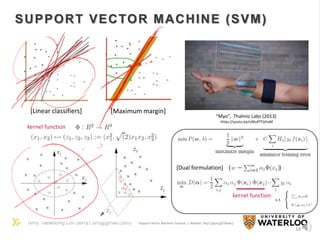 Terry Taewoong Um (terry.t.um@gmail.com)
18
SUPPORT VECTOR MACHINE (SVM)
“Myo”, Thalmic Labs (2013)
https://youtu.be/oWu9TFJjHaM
[Linear classifiers] [Maximum margin]
Support vector Machine Tutorial, J. Weston, http://goo.gl/19ywcj
[Dual formulation] ( )
kernel function
kernel function
 