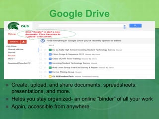 Google Drive 
 Create, upload, and share documents, spreadsheets, 
presentations, and more. 
 Helps you stay organized- an online “binder” of all your work 
 Again, accessible from anywhere. 
 