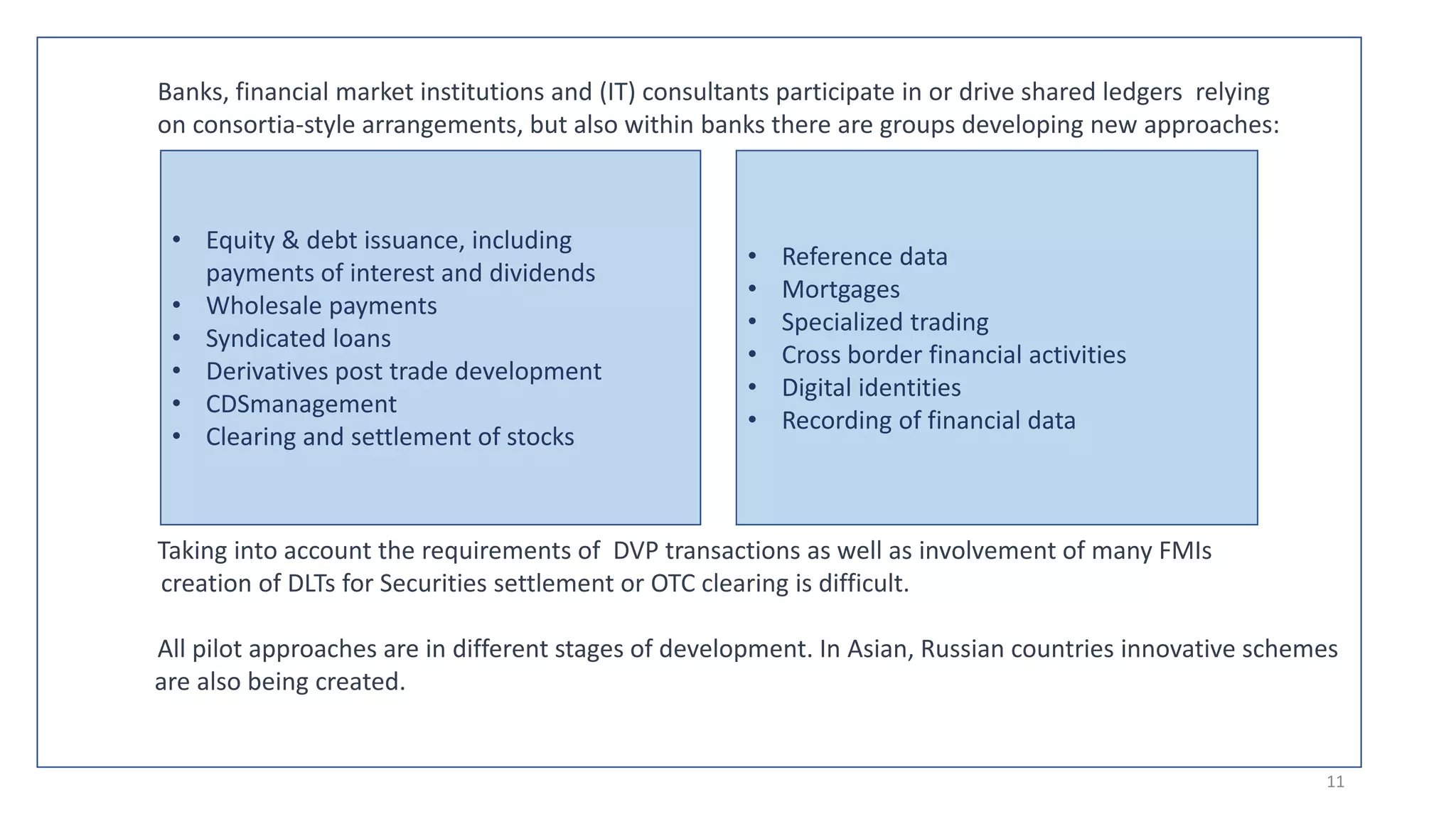 Banks, financial market institutions and (IT) consultants participate in or drive shared ledgers relying
on consortia-style arrangements, but also within banks there are groups developing new approaches:
Taking into account the requirements of DVP transactions as well as involvement of many FMIs
creation of DLTs for Securities settlement or OTC clearing is difficult.
All pilot approaches are in different stages of development. In Asian, Russian countries innovative schemes
are also being created.
• Equity & debt issuance, including
payments of interest and dividends
• Wholesale payments
• Syndicated loans
• Derivatives post trade development
• CDSmanagement
• Clearing and settlement of stocks
• Reference data
• Mortgages
• Specialized trading
• Cross border financial activities
• Digital identities
• Recording of financial data
11
 