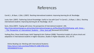 References
Carroll, J., & Ryan, J. (Eds.). (2007). Teaching international students: Improving learning for all. Routledge.
Louie, Kam. (2007). ‘Gathering Cultural Knowledge: Useful or Use with Care?’ In Carroll, J., & Ryan, J. (Eds.). Teaching
international students: Improving learning for all. Routledge. 16-27.
Sovic, Silvia (2007). ‘Coping with stress: the perspective of international students’. URL:
http://international.bangor.ac.uk/css/sites/international.bangor.ac.uk/files/blog/2013/03/Coping_with_Stress_-
__The_Perspective_of_International_Students_-_Silvia_Sovic.pdf [Accessed 23/11/2016]
Yuefang Zhou, Divya Jindal-Snape, Keith Topping & John Todman (2008). Theoretical models of culture shock and
adaptation in international students in higher education, Studies in Higher Education, 33:1, 63-75.
Online Reading List: Working with International Students:
https://qmul.rl.talis.com/lists/FE9B127E-528B-97B4-2F25-
5DD3A6665D74.html
 