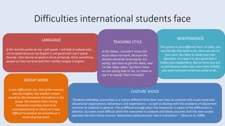 Difficulties international students face
CULTURE SHOCK
“Students attending universities in a culture different from their own have to contend with novel social and
educational organisations, behaviours and expectations – as well as dealing with the problems of adjustment
common to students in general. This is difficult enough when the newcomer is aware of the differences in
advance, but even more difficult when the newcomer is unaware and falsely assumes that the new society
operates like their home country. Newcomers easily become ‘lost in translation’. “ (Zhou et al, 2008)
LANGUAGE
If the teacher points at me, I will speak. I will hide if nobody asks
me to speak because my English is not good and I can’t speak
fluently. I feel shame to speak in front of twenty, thirty something
people as they are local and their mother tongue is English.
INDEPENDENCE
The system is very different here. In India, you
are literally told what to do. Here you are on
your own. You have to make your own
decisions. In a way it is very good that it
makes you independent. But at times you are
so lost because when you come here initially
you want someone to tell you what to do...
GROUP WORK
It was difficult for me. One of the reasons
was my English, but another reason
would be the characters of students in my
group. My students have strong
characters and they tend to be
uncompromising to others so it was
difficult to produce an outcome as a
result of group work.
TEACHING STYLE
In the States, I wouldn’t stress this
much about my work, because the
teacher would be stressing for me,
saying ‘you have to get this done’, and
I’m like ‘okay, okay!,’ but here I have
no one saying that to me, so I have to
say it to myself. That’s stressful!
 
