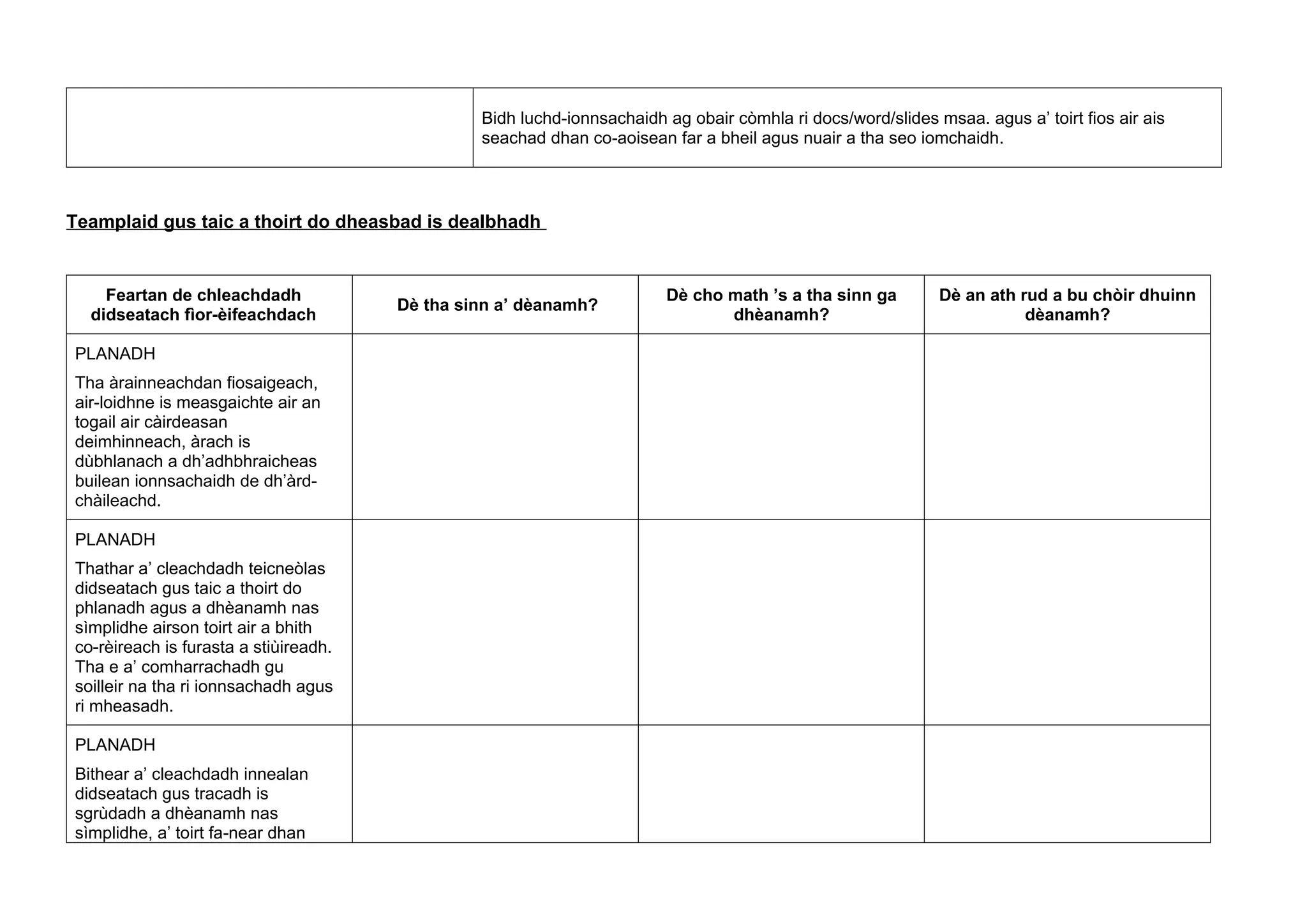 Bidh luchd-ionnsachaidh ag obair còmhla ri docs/word/slides msaa. agus a’ toirt fios air ais
seachad dhan co-aoisean far a bheil agus nuair a tha seo iomchaidh.
Teamplaid gus taic a thoirt do dheasbad is dealbhadh
Feartan de chleachdadh
didseatach fìor-èifeachdach
Dè tha sinn a’ dèanamh?
Dè cho math ’s a tha sinn ga
dhèanamh?
Dè an ath rud a bu chòir dhuinn
dèanamh?
PLANADH
Tha àrainneachdan fiosaigeach,
air-loidhne is measgaichte air an
togail air càirdeasan
deimhinneach, àrach is
dùbhlanach a dh’adhbhraicheas
builean ionnsachaidh de dh’àrd-
chàileachd.
PLANADH
Thathar a’ cleachdadh teicneòlas
didseatach gus taic a thoirt do
phlanadh agus a dhèanamh nas
sìmplidhe airson toirt air a bhith
co-rèireach is furasta a stiùireadh.
Tha e a’ comharrachadh gu
soilleir na tha ri ionnsachadh agus
ri mheasadh.
PLANADH
Bithear a’ cleachdadh innealan
didseatach gus tracadh is
sgrùdadh a dhèanamh nas
sìmplidhe, a’ toirt fa-near dhan
 