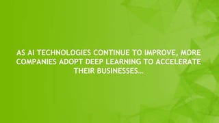 AS AI TECHNOLOGIES CONTINUE TO IMPROVE, MORE
COMPANIES ADOPT DEEP LEARNING TO ACCELERATE
THEIR BUSINESSES…
 