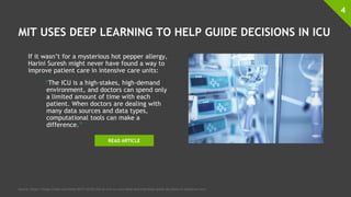 MIT USES DEEP LEARNING TO HELP GUIDE DECISIONS IN ICU
If it wasn’t for a mysterious hot pepper allergy,
Harini Suresh might never have found a way to
improve patient care in intensive care units:
“The ICU is a high-stakes, high-demand
environment, and doctors can spend only
a limited amount of time with each
patient. When doctors are dealing with
many data sources and data types,
computational tools can make a
difference.”
4
Source: https://blogs.nvidia.com/blog/2017/10/02/the-ai-will-icu-now-deep-learning-helps-guide-decisions-in-intensive-care/
READ ARTICLE
 