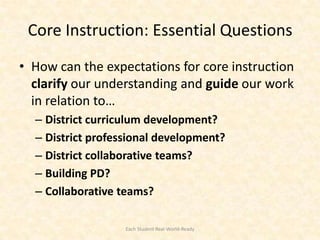Core Instruction: Essential Questions
• How can the expectations for core instruction
  clarify our understanding and guide our work
  in relation to…
  – District curriculum development?
  – District professional development?
  – District collaborative teams?
  – Building PD?
  – Collaborative teams?

                   Each Student Real-World-Ready
 