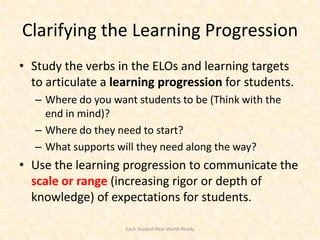 Clarifying the Learning Progression
• Study the verbs in the ELOs and learning targets
  to articulate a learning progression for students.
   – Where do you want students to be (Think with the
     end in mind)?
   – Where do they need to start?
   – What supports will they need along the way?
• Use the learning progression to communicate the
  scale or range (increasing rigor or depth of
  knowledge) of expectations for students.

                     Each Student Real-World-Ready
 