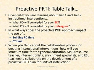Proactive PRTI: Table Talk…
• Given what you are learning about Tier 1 and Tier 2
  instructional interventions…
   – What PD will be needed for your BLT?
   – What PD will be needed for your colleagues?
• In what ways does the proactive PRTI approach impact
  the use of…
   – Building PD time
   – CT time
• When you think about the collaborative process for
  creating instructional interventions, how will you
  structure time for the general education, SPED resource
  teacher, interventionists, enrichment specialists, and ESL
  teachers to collaborate on the development of a
  proactive PRTI plan for units of instruction?
                        Each Student Real-World-Ready
 