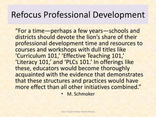Refocus Professional Development
“For a time—perhaps a few years—schools and
districts should devote the lion’s share of their
professional development time and resources to
courses and workshops with dull titles like
‘Curriculum 101,’ ‘Effective Teaching 101,’
‘Literacy 101,’ and ‘PLCs 101.’ In offerings like
these, educators would become thoroughly
acquainted with the evidence that demonstrates
that these structures and practices would have
more effect than all other initiatives combined.”
                 • M. Schmoker


                 Each Student Real-World-Ready
 