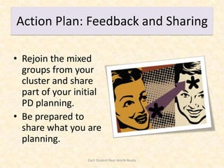 Action Plan: Feedback and Sharing

• Rejoin the mixed
  groups from your
  cluster and share
  part of your initial
  PD planning.
• Be prepared to
  share what you are
  planning.
                  Each Student Real-World-Ready
 