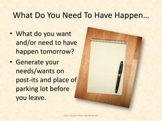 What Do You Need To Have Happen…

• What do you want
  and/or need to have
  happen tomorrow?
• Generate your
  needs/wants on
  post-its and place of
  parking lot before
  you leave.

                  Each Student Real-World-Ready
 