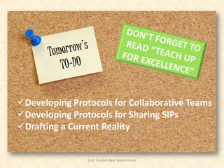 Developing Protocols for Collaborative Teams
Developing Protocols for Sharing SIPs
Drafting a Current Reality


                Each Student Real-World-Ready
 