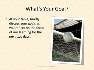 What’s Your Goal?
• At your table, briefly
  discuss your goals as
  you reflect on the focus
  of our learning for the
  next two days.




                     Each Student Real-World-Ready
 