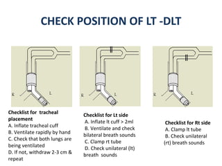 CHECK POSITION OF LT -DLT
Checklist for tracheal
placement
A. Inflate tracheal cuff
B. Ventilate rapidly by hand
C. Check that both lungs are
being ventilated
D. If not, withdraw 2-3 cm &
repeat
Checklist for Lt side
A. Inflate lt cuff > 2ml
B. Ventilate and check
bilateral breath sounds
C. Clamp rt tube
D. Check unilateral (lt)
breath sounds
Checklist for Rt side
A. Clamp lt tube
B. Check unilateral
(rt) breath sounds
 