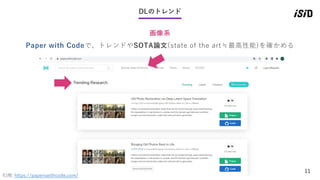 11
DLのトレンド
画像系
引用: https://paperswithcode.com/
Paper with Codeで、トレンドやSOTA論文(state of the art≒最高性能)を確かめる
 