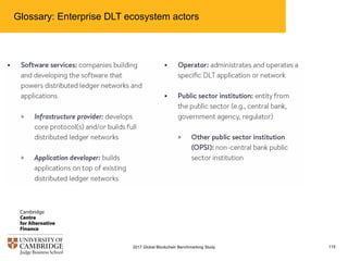 Glossary: Enterprise DLT ecosystem actors
1152017 Global Blockchain Benchmarking Study
 