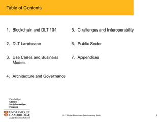 Table of Contents
2
1. Blockchain and DLT 101
2. DLT Landscape
3. Use Cases and Business
Models
4. Architecture and Governance
2017 Global Blockchain Benchmarking Study
5. Challenges and Interoperability
6. Public Sector
7. Appendices
 