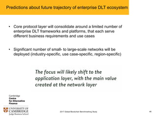 Predictions about future trajectory of enterprise DLT ecosystem
482017 Global Blockchain Benchmarking Study
• Core protocol layer will consolidate around a limited number of
enterprise DLT frameworks and platforms, that each serve
different business requirements and use cases
• Significant number of small- to large-scale networks will be
deployed (industry-specific, use case-specific, region-specific)
 