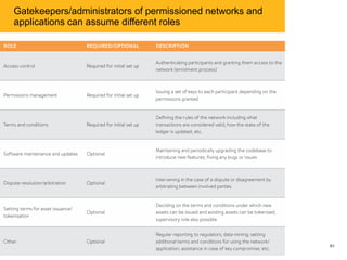 Gatekeepers/administrators of permissioned networks and
applications can assume different roles
612017 Global Blockchain Benchmarking Study
 