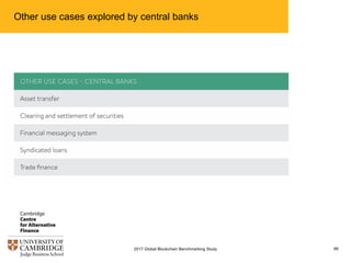 Other use cases explored by central banks
882017 Global Blockchain Benchmarking Study
 