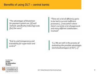Benefits of using DLT – central banks
912017 Global Blockchain Benchmarking Study
 