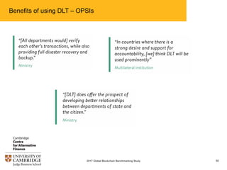 Benefits of using DLT – OPSIs
922017 Global Blockchain Benchmarking Study
 