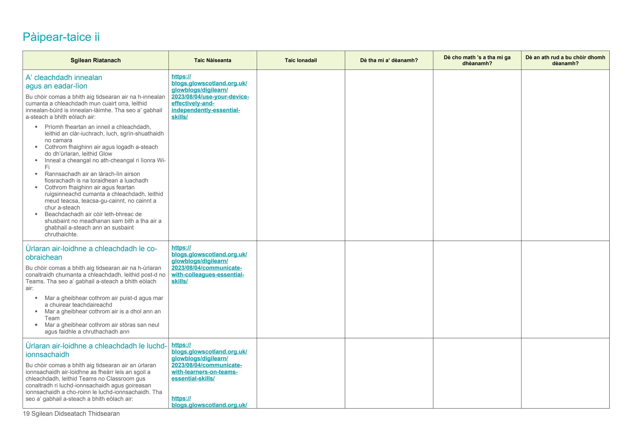Pàipear-taice ii
Sgilean Riatanach Taic Nàiseanta Taic Ionadail Dè tha mi a’ dèanamh?
Dè cho math ’s a tha mi ga
dhèanamh?
Dè an ath rud a bu chòir dhomh
dèanamh?
A’ cleachdadh innealan
agus an eadar-lìon
Bu chòir comas a bhith aig tidsearan air na h-innealan
cumanta a chleachdadh mun cuairt orra, leithid
innealan-bùird is innealan-làimhe. Tha seo a’ gabhail
a-steach a bhith eòlach air:
 Prìomh fheartan an inneil a chleachdadh,
leithid an clàr-iuchrach, luch, sgrìn-shuathaidh
no camara
 Cothrom fhaighinn air agus logadh a-steach
do dh’ùrlaran, leithid Glow
 Inneal a cheangal no ath-cheangal ri lìonra Wi-
Fi
 Rannsachadh air an làrach-lìn airson
fiosrachadh is na toraidhean a luachadh
 Cothrom fhaighinn air agus feartan
ruigsinneachd cumanta a chleachdadh, leithid
meud teacsa, teacsa-gu-cainnt, no cainnt a
chur a-steach
 Beachdachadh air còir leth-bhreac de
shusbaint no meadhanan sam bith a tha air a
ghabhail a-steach ann an susbaint
chruthaichte.
https://
blogs.glowscotland.org.uk/
glowblogs/digilearn/
2023/08/04/use-your-device-
effectively-and-
independently-essential-
skills/
Ùrlaran air-loidhne a chleachdadh le co-
obraichean
Bu chòir comas a bhith aig tidsearan air na h-ùrlaran
conaltraidh chumanta a chleachdadh, leithid post-d no
Teams. Tha seo a’ gabhail a-steach a bhith eòlach
air:
 Mar a gheibhear cothrom air puist-d agus mar
a chuirear teachdaireachd
 Mar a gheibhear cothrom air is a dhol ann an
Team
 Mar a gheibhear cothrom air stòras san neul
agus faidhle a chruthachadh ann
https://
blogs.glowscotland.org.uk/
glowblogs/digilearn/
2023/08/04/communicate-
with-colleagues-essential-
skills/
Ùrlaran air-loidhne a chleachdadh le luchd-
ionnsachaidh
Bu chòir comas a bhith aig tidsearan air an ùrlaran
ionnsachaidh air-loidhne as fheàrr leis an sgoil a
chleachdadh, leithid Teams no Classroom gus
conaltradh ri luchd-ionnsachaidh agus goireasan
ionnsachaidh a cho-roinn le luchd-ionnsachaidh. Tha
seo a’ gabhail a-steach a bhith eòlach air:
https://
blogs.glowscotland.org.uk/
glowblogs/digilearn/
2023/08/04/communicate-
with-learners-on-teams-
essential-skills/
https://
blogs.glowscotland.org.uk/
19 Sgilean Didseatach Thidsearan
 