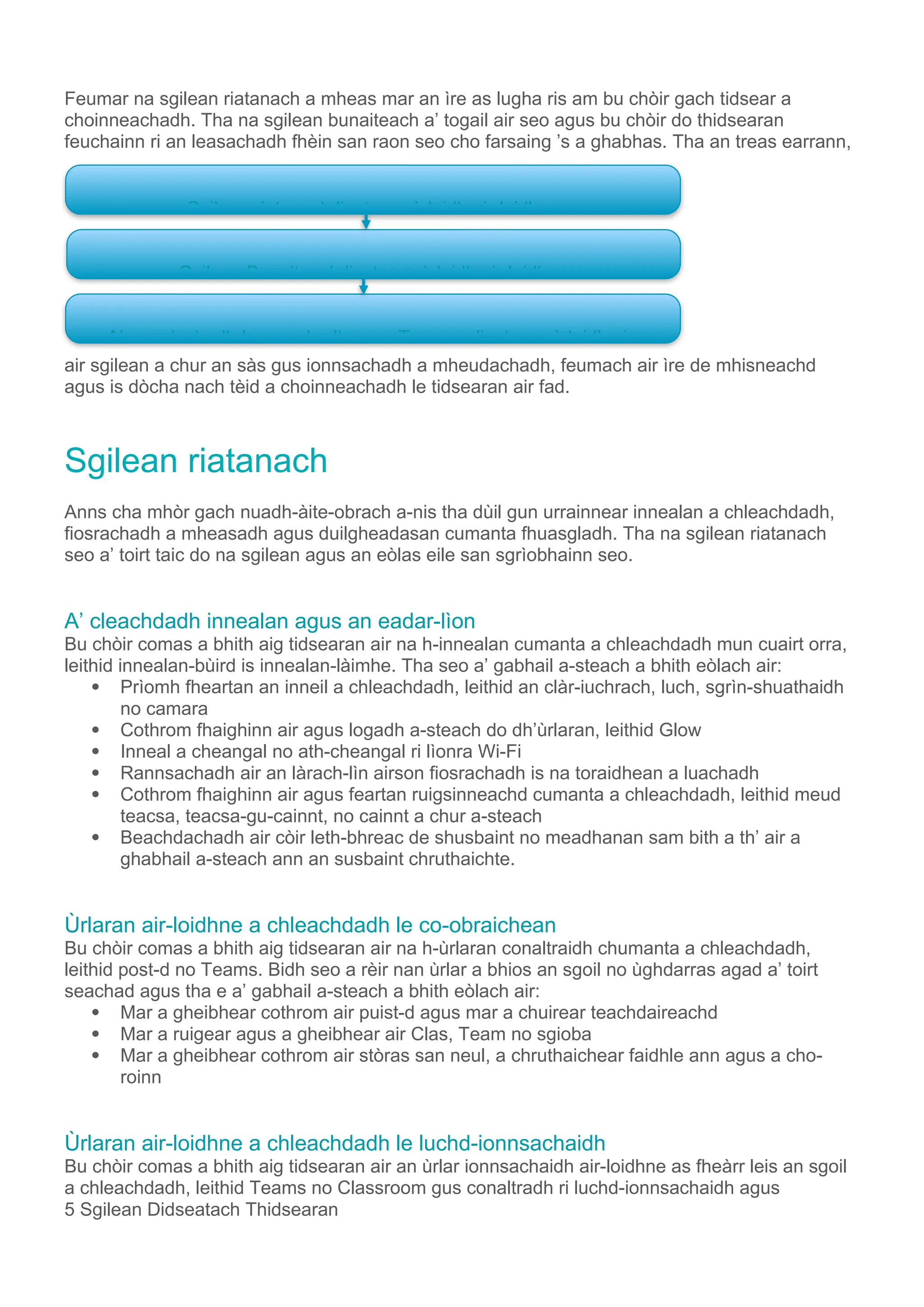 Feumar na sgilean riatanach a mheas mar an ìre as lugha ris am bu chòir gach tidsear a
choinneachadh. Tha na sgilean bunaiteach a’ togail air seo agus bu chòir do thidsearan
feuchainn ri an leasachadh fhèin san raon seo cho farsaing ’s a ghabhas. Tha an treas earrann,
air sgilean a chur an sàs gus ionnsachadh a mheudachadh, feumach air ìre de mhisneachd
agus is dòcha nach tèid a choinneachadh le tidsearan air fad.
Sgilean riatanach
Anns cha mhòr gach nuadh-àite-obrach a-nis tha dùil gun urrainnear innealan a chleachdadh,
fiosrachadh a mheasadh agus duilgheadasan cumanta fhuasgladh. Tha na sgilean riatanach
seo a’ toirt taic do na sgilean agus an eòlas eile san sgrìobhainn seo.
A’ cleachdadh innealan agus an eadar-lìon
Bu chòir comas a bhith aig tidsearan air na h-innealan cumanta a chleachdadh mun cuairt orra,
leithid innealan-bùird is innealan-làimhe. Tha seo a’ gabhail a-steach a bhith eòlach air:
 Prìomh fheartan an inneil a chleachdadh, leithid an clàr-iuchrach, luch, sgrìn-shuathaidh
no camara
 Cothrom fhaighinn air agus logadh a-steach do dh’ùrlaran, leithid Glow
 Inneal a cheangal no ath-cheangal ri lìonra Wi-Fi
 Rannsachadh air an làrach-lìn airson fiosrachadh is na toraidhean a luachadh
 Cothrom fhaighinn air agus feartan ruigsinneachd cumanta a chleachdadh, leithid meud
teacsa, teacsa-gu-cainnt, no cainnt a chur a-steach
 Beachdachadh air còir leth-bhreac de shusbaint no meadhanan sam bith a th’ air a
ghabhail a-steach ann an susbaint chruthaichte.
Ùrlaran air-loidhne a chleachdadh le co-obraichean
Bu chòir comas a bhith aig tidsearan air na h-ùrlaran conaltraidh chumanta a chleachdadh,
leithid post-d no Teams. Bidh seo a rèir nan ùrlar a bhios an sgoil no ùghdarras agad a’ toirt
seachad agus tha e a’ gabhail a-steach a bhith eòlach air:
 Mar a gheibhear cothrom air puist-d agus mar a chuirear teachdaireachd
 Mar a ruigear agus a gheibhear air Clas, Team no sgioba
 Mar a gheibhear cothrom air stòras san neul, a chruthaichear faidhle ann agus a cho-
roinn
Ùrlaran air-loidhne a chleachdadh le luchd-ionnsachaidh
Bu chòir comas a bhith aig tidsearan air an ùrlar ionnsachaidh air-loidhne as fheàrr leis an sgoil
a chleachdadh, leithid Teams no Classroom gus conaltradh ri luchd-ionnsachaidh agus
5 Sgilean Didseatach Thidsearan
A’ meudachadh Ionnsachadh agus Teagasg liosta-sgrùdaidh air-
Sgilean Bunaiteach liosta-sgrùdaidh air-loidhne
Sgilean riatanach liosta-sgrùdaidh air-loidhne
 