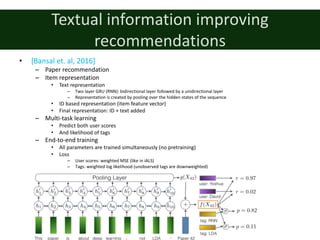 Textual	information	improving	
recommendations
• [Bansal	et.	al,	2016]
– Paper	recommendation
– Item	representation
• Text	representation
– Two	layer	GRU	(RNN):	bidirectional	layer	followed	by	a	unidirectional	layer
– Representation	is	created	by	pooling	over	the	hidden	states	of	the	sequence
• ID	based	representation	(item	feature	vector)
• Final	representation:	ID	+	text	added
– Multi-task	learning
• Predict	both	user	scores
• And	likelihood	of	tags
– End-to-end	training
• All	parameters	are	trained	simultaneously	(no	pretraining)
• Loss
– User	scores:	weighted	MSE	(like	in	iALS)
– Tags:	weighted	log	likelihood	(unobserved	tags	are	downweighted)
 